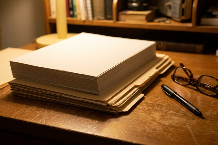 A stack of blank printed claim forms and manila folders on a desk beside reading glasses and a pen.