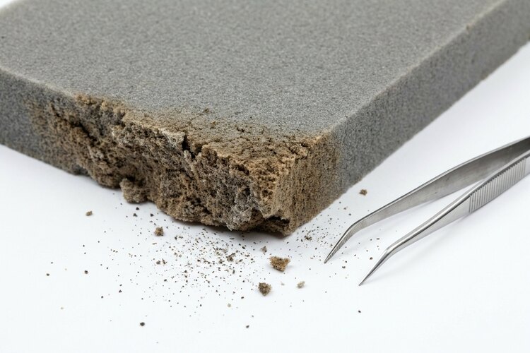 Macro photograph of a cut section of grey acoustic polyurethane foam with a crumbling degraded edge shedding dark particles.